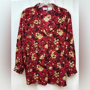 Liz Baker Petite VTG 90s Cream Floral 3/4 Sleeve Button Down Red Blouse Size 16P